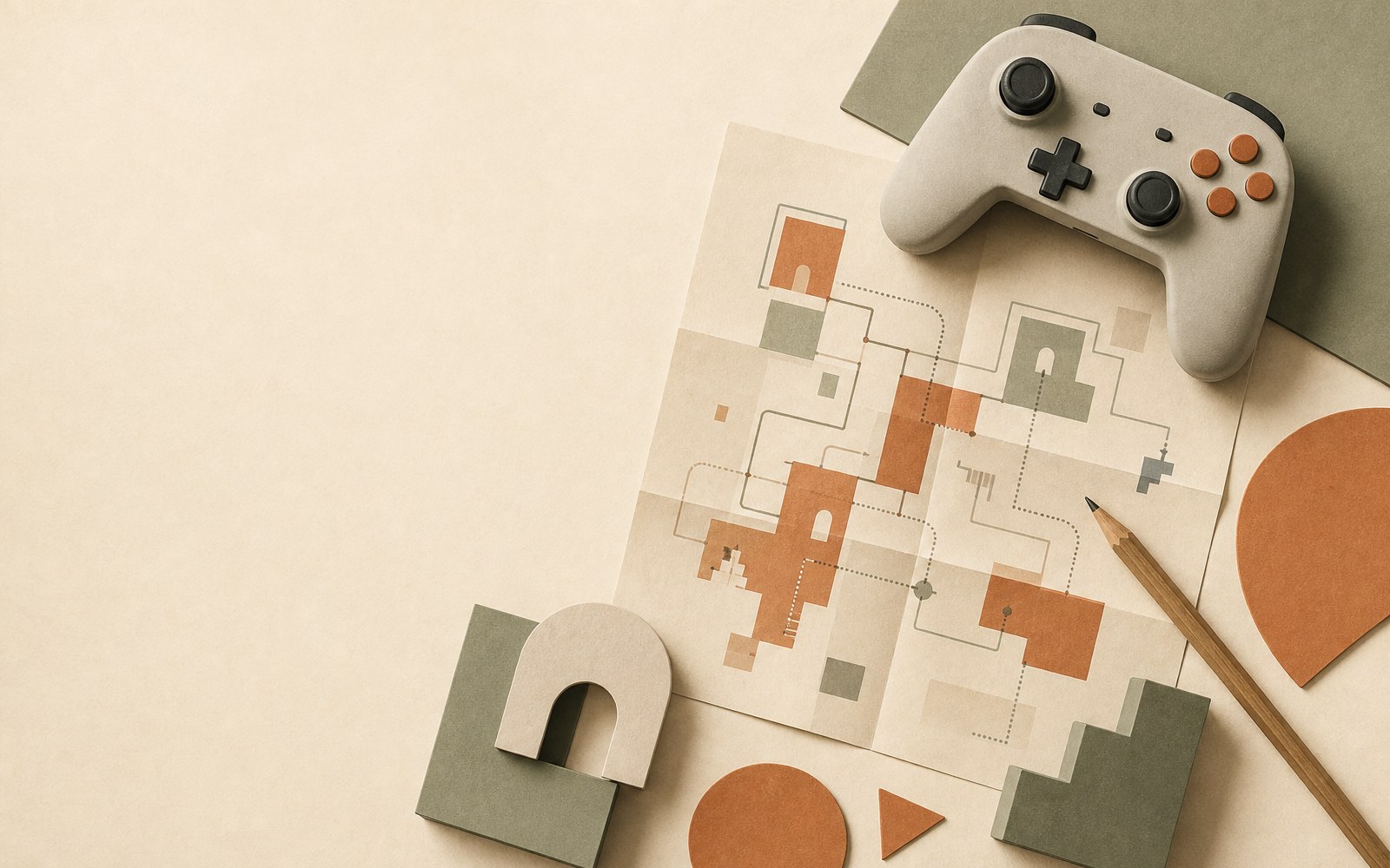 Original editorial still life of a game controller, folded graph paper and pencil arranged beside terracotta and sage-coloured geometric shapes, evoking routes, rooms and spatial discovery without official game artwork