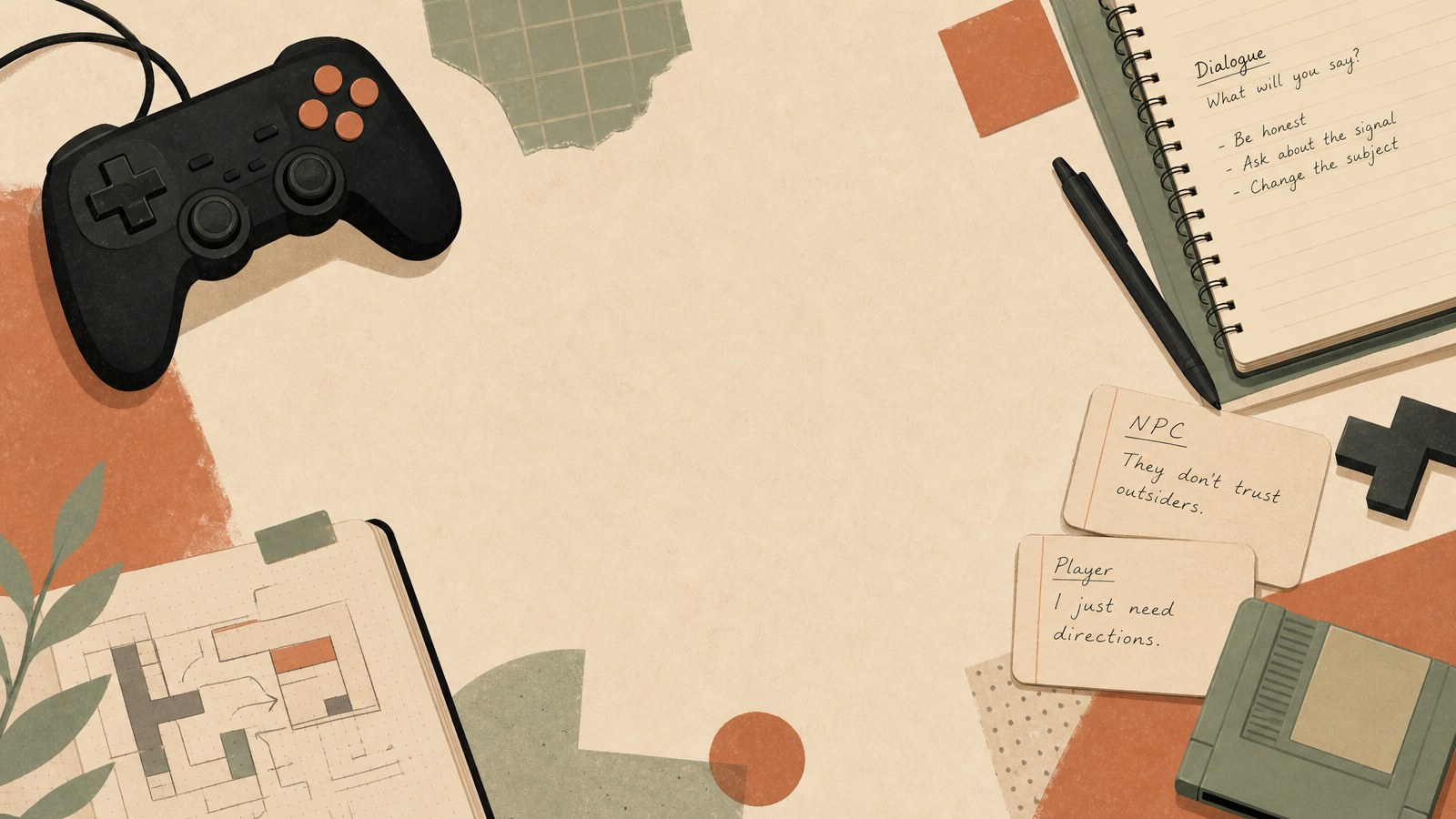 Original editorial still life of a notebook, dialogue cards, puzzle pieces, and a game controller arranged on a warm paper desk, evoking conversational adventure design without depicting official game artwork