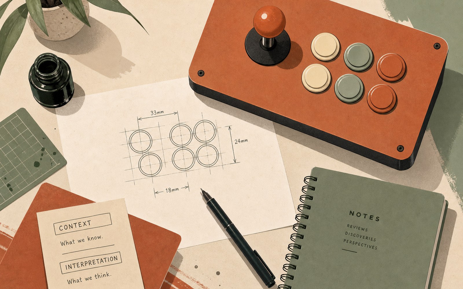 Original editorial still life of an arcade control panel with six-button layout notes, a marked play space, and terracotta stationery